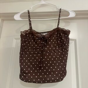Brown and white Polka Dot Lace Trim Cami Top
